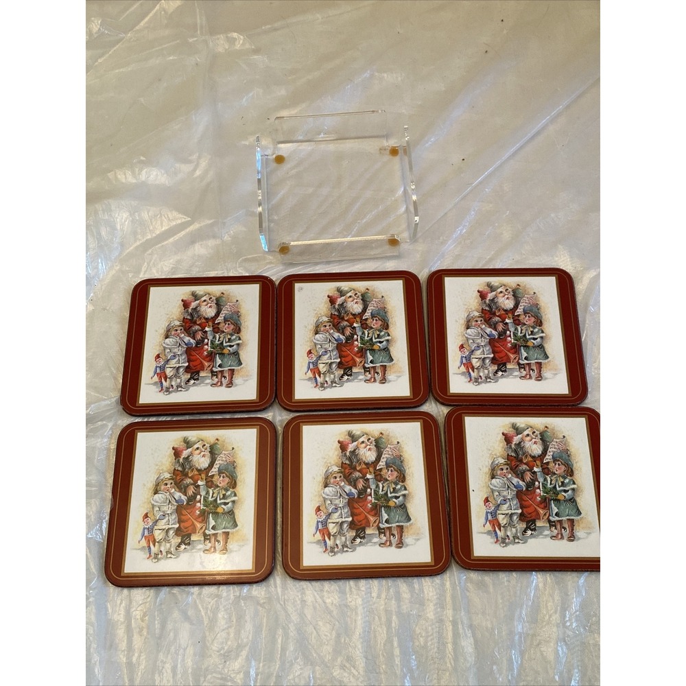 VTG 80s Pimpernel‎ Father Christmas Santa Coasters Set Of 6 Cork Backed England
